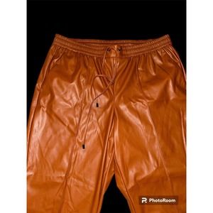 Nine West Mid Rise Maple Brown Faux Leather Drawstring Jogger Pants NWOT Size L